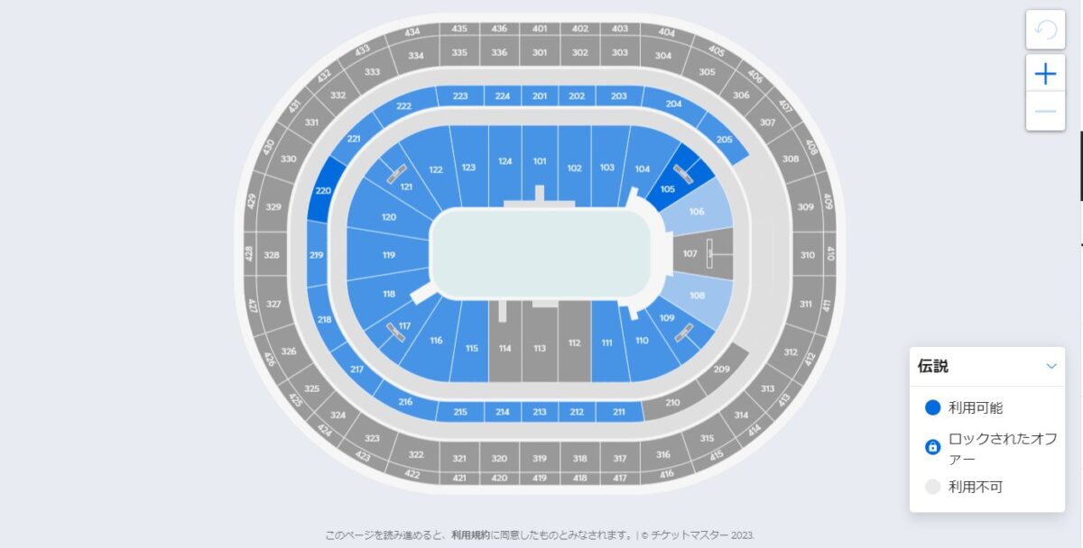 ticketmaser予約画面で最初に表示される会場座席表