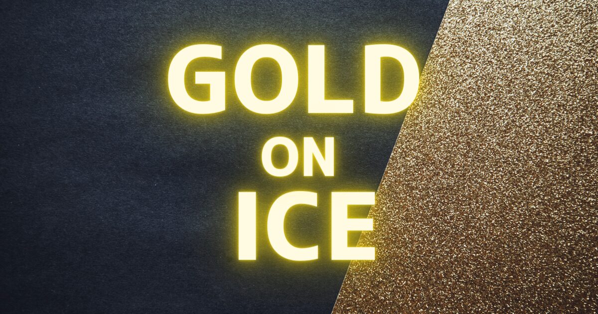 黒と金色の背景に金色のGOLD ON ICEの文字が光っている画像
