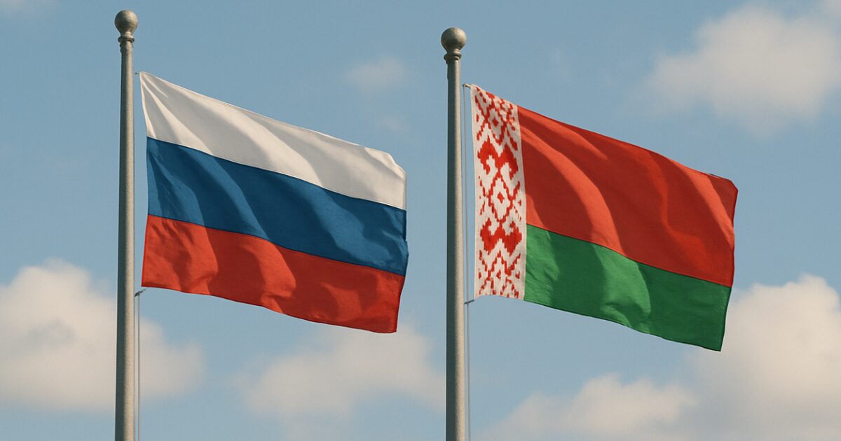 ロシアとベラルーシの国旗が青空にはためいている