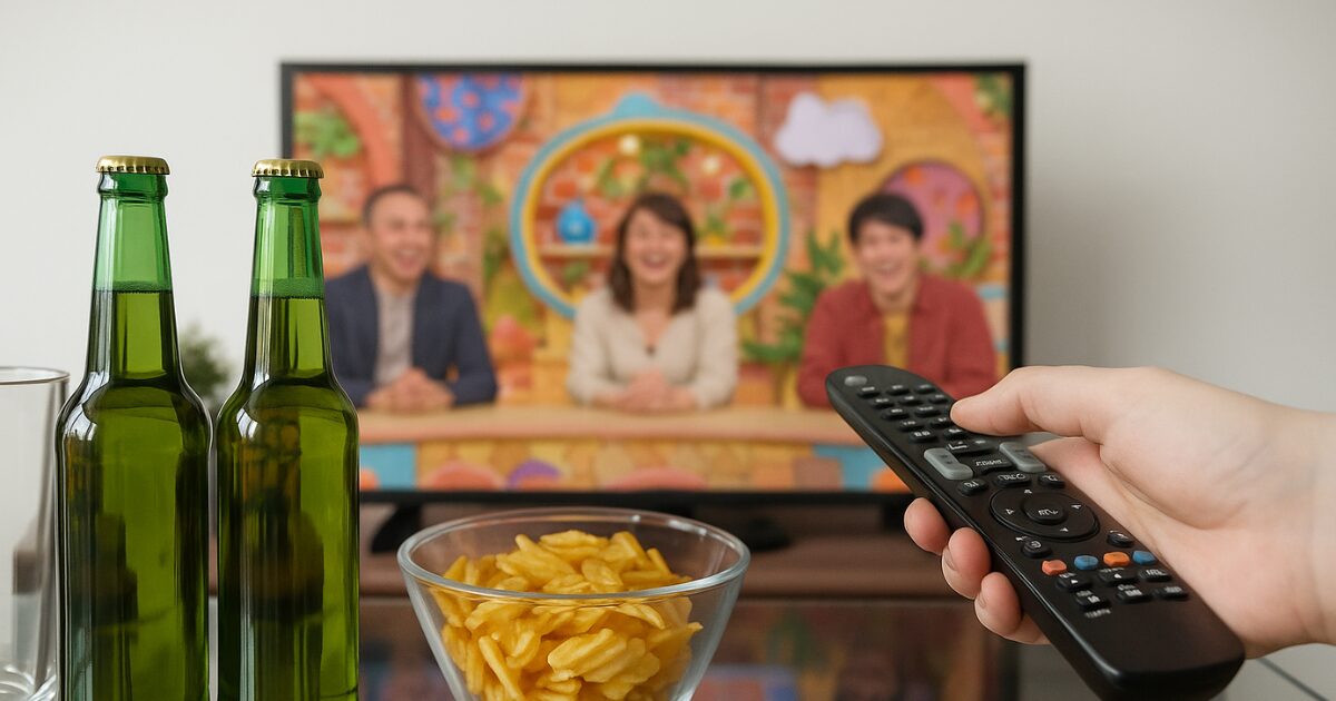 ビールとスナックが置かれているテーブルとリモコンを操作する手元の奥にバラエティ番組らしき画面が映ったテレビが見える写真