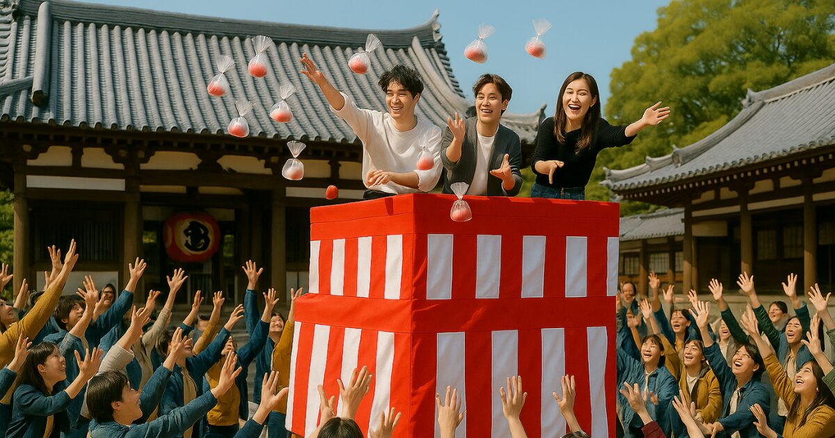 寺の境内で、紅白の垂れ幕がかけられた櫓から若い男女3名が紅白の餅をまいている様子
