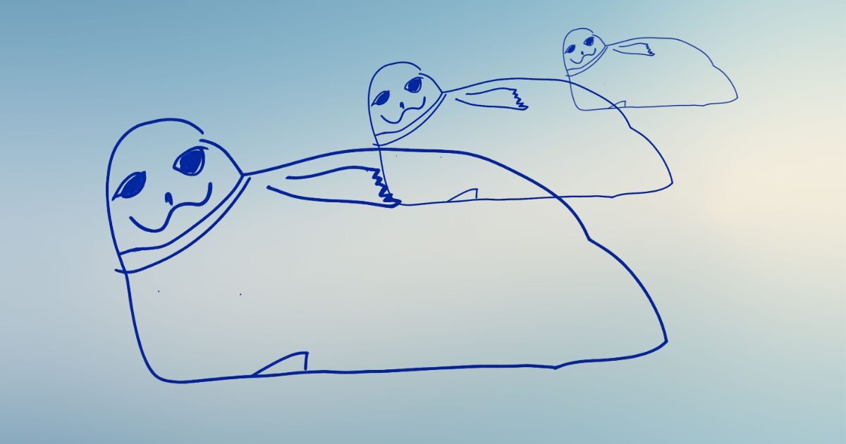 青っぽい背景に宇野昌磨さんが描いたアザラシのイラストが残像のように大小３つ浮かんでいる画像