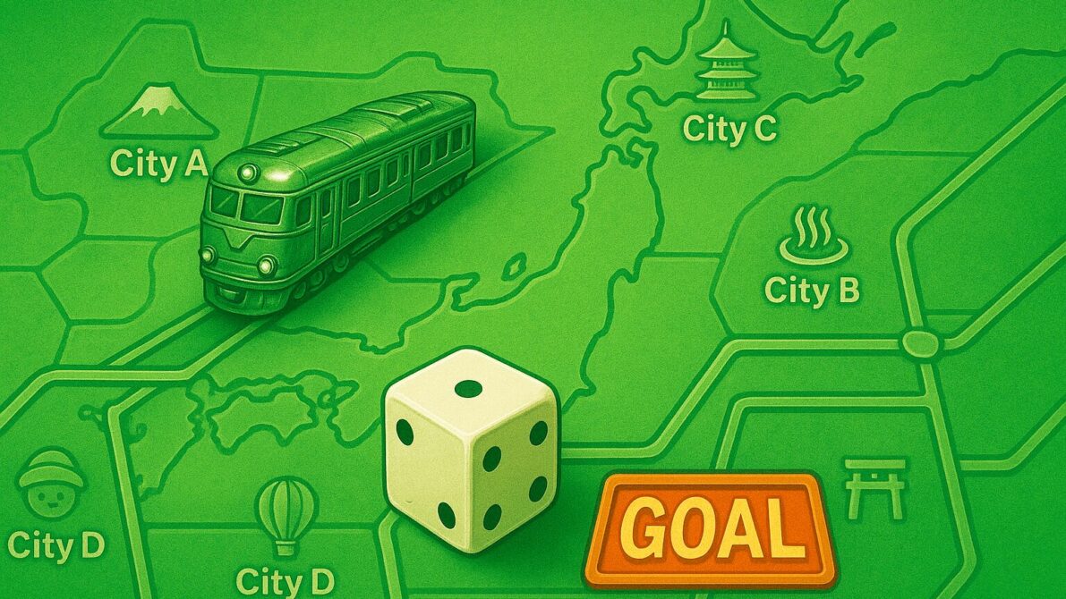 緑色の日本地図の上に電車とサイコロとGOALの文字が載っているイラスト（桃太郎電鉄ゲームのイメージイラスト）