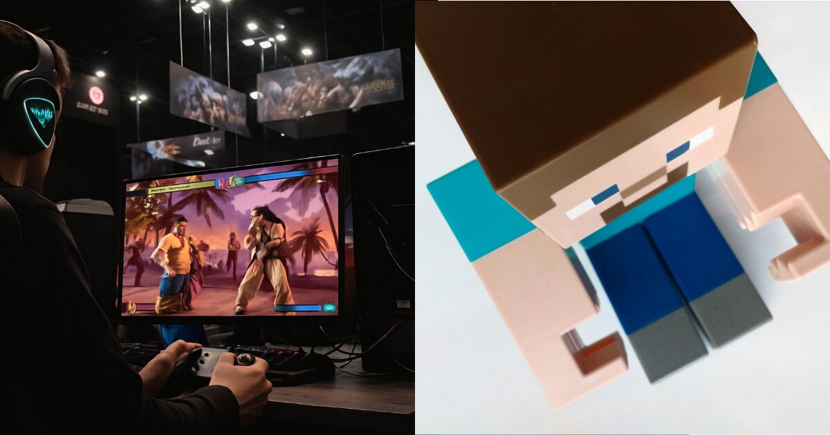 左側に格闘ゲームをしているゲーマーイメージ画像、右側にマインクラフトのキャラクター人形の画像が並んでいる