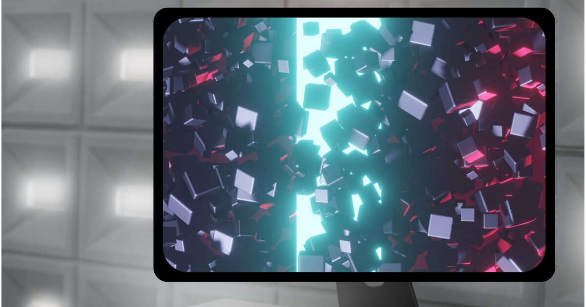 闇から光に飛び出すブロックの数々が描かれた抽象画CGがモニターに映っている画像