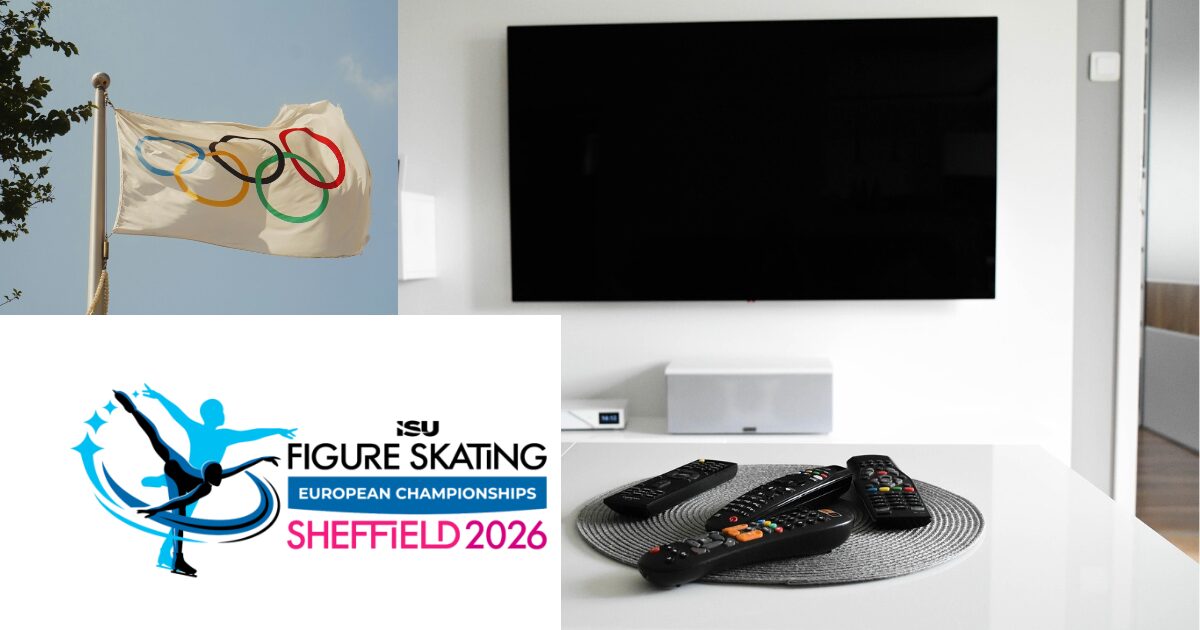 テレビの前に置いてあるリモコンの写真に五輪の旗とユーロ2026ロゴが合成されている画像