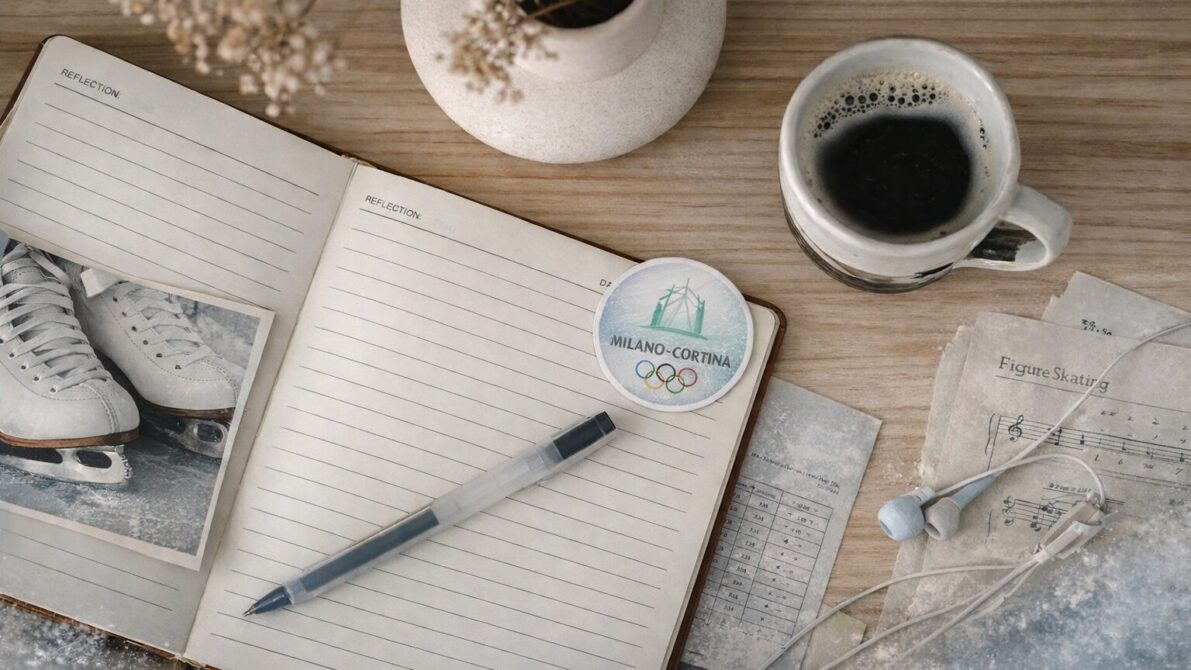 フィギュアスケート靴の写真や楽譜、コーヒーカップなどが置かれた机の上にノートとペンが広げられている写真