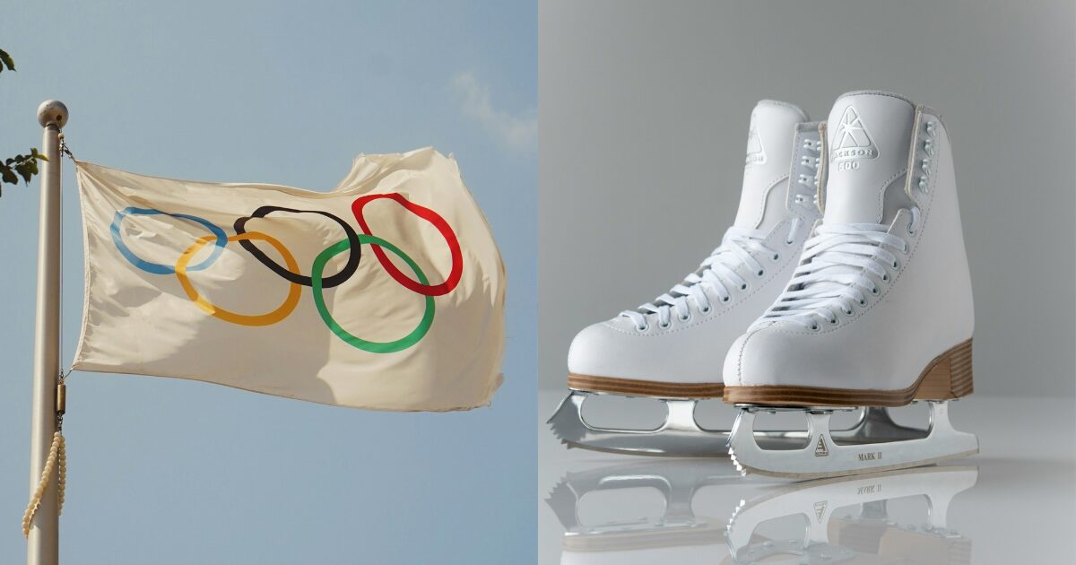 青空にたなびく五輪旗と白いフィギュアスケート靴写真が左右に配置されている画像