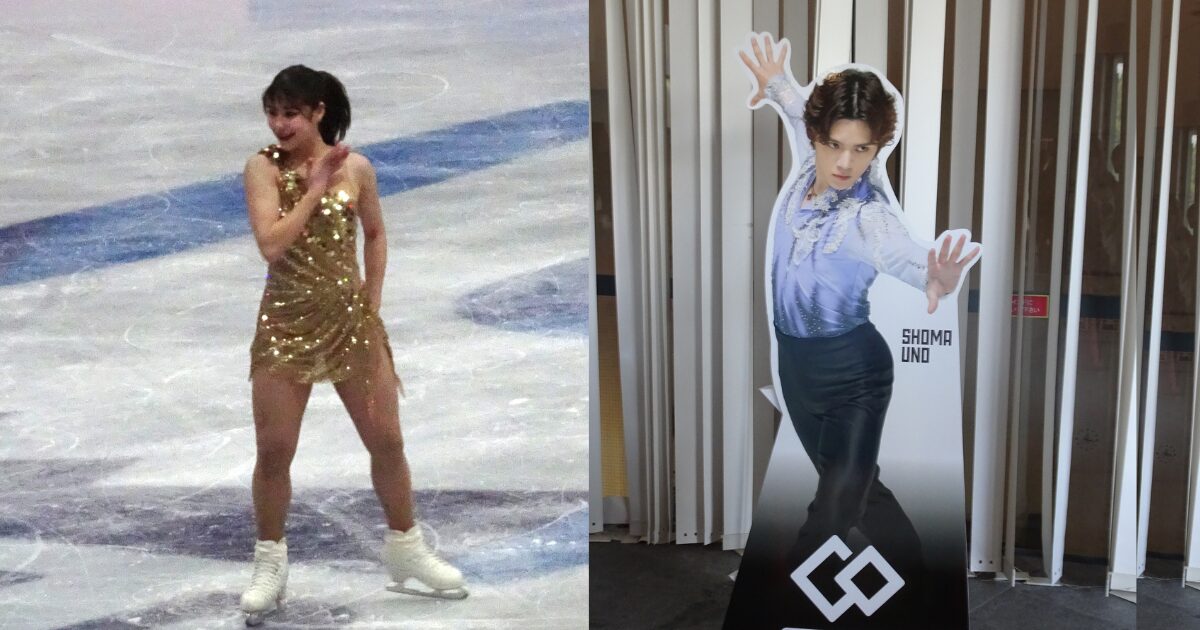 2025ボストンワールドフリーを演じるアリサ・リウ選手全身と2023－24シーズンSPを演じる宇野昌磨さんの全身パネル写真を左右に並べた画像