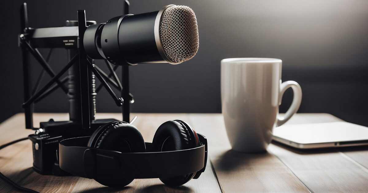 机の上にマイクとヘッドフォン、コーヒーカップとメモが載っている写真
