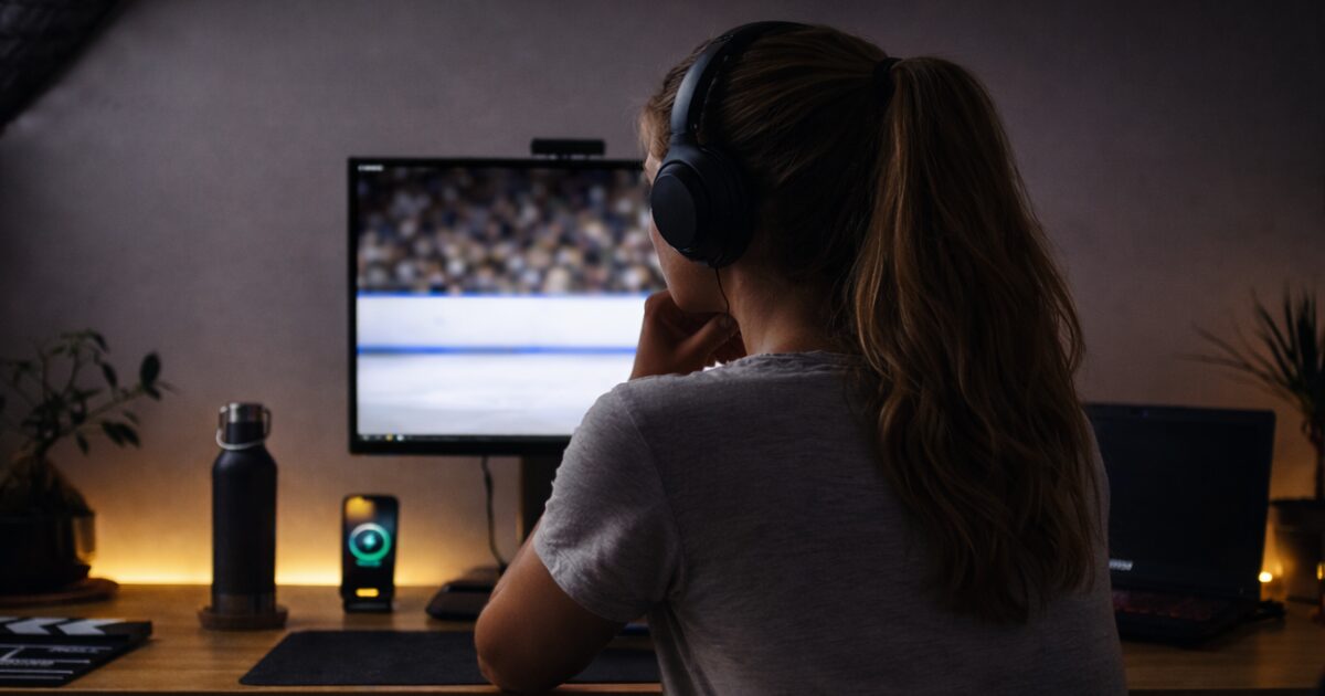暗い部屋でフィギュアスケートの配信をPCモニターで視聴している女性の後ろ姿の写真