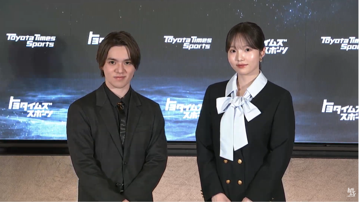 アイスダンス競技復帰会見スクショタイムの宇野昌磨さん＆本田真凜さん2ショット写真