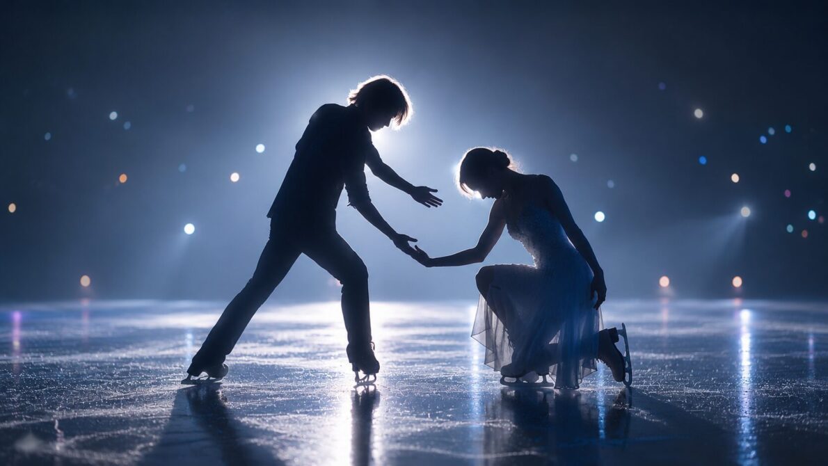 アイスダンスのフィニッシュポーズをする宇野昌磨さん＆本田真凜さんのイメージ画像（AI加工）