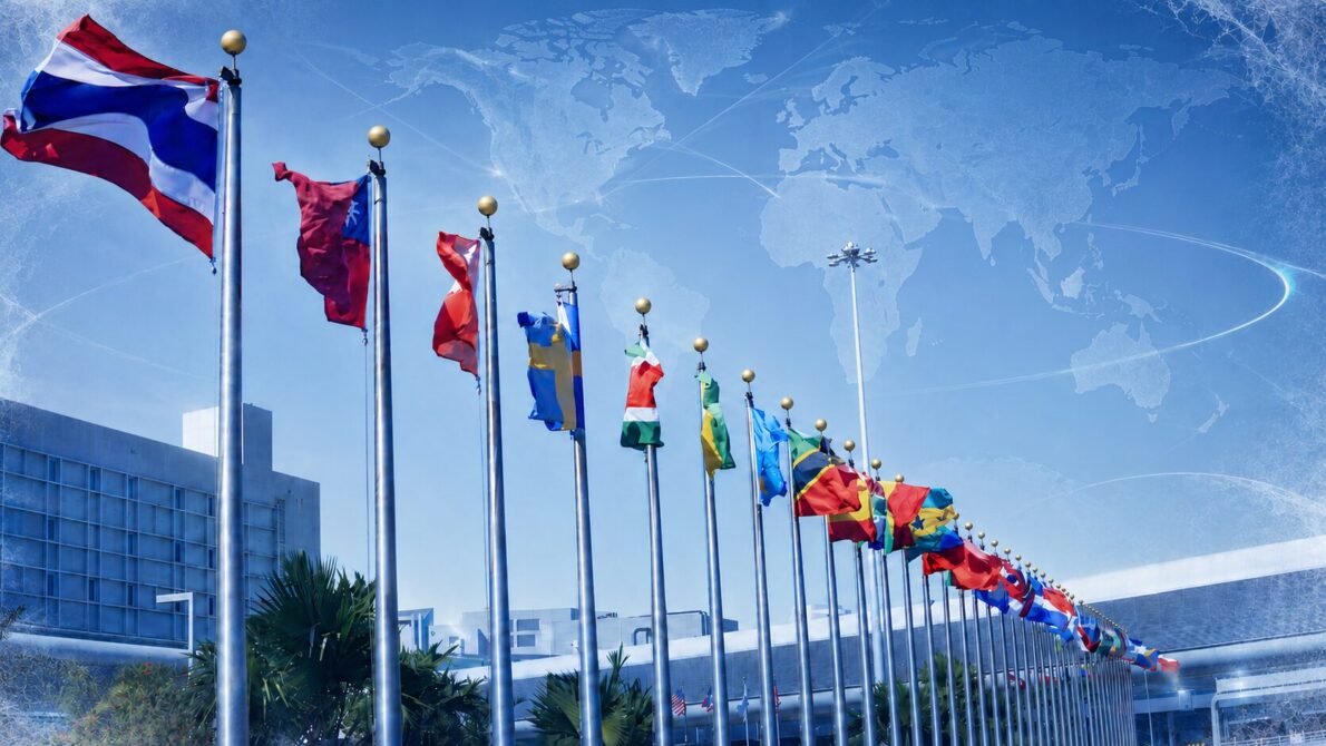 青空の下にたなびく世界各国の国旗、空には世界地図とスケートのトレースらしき雲がかかっている