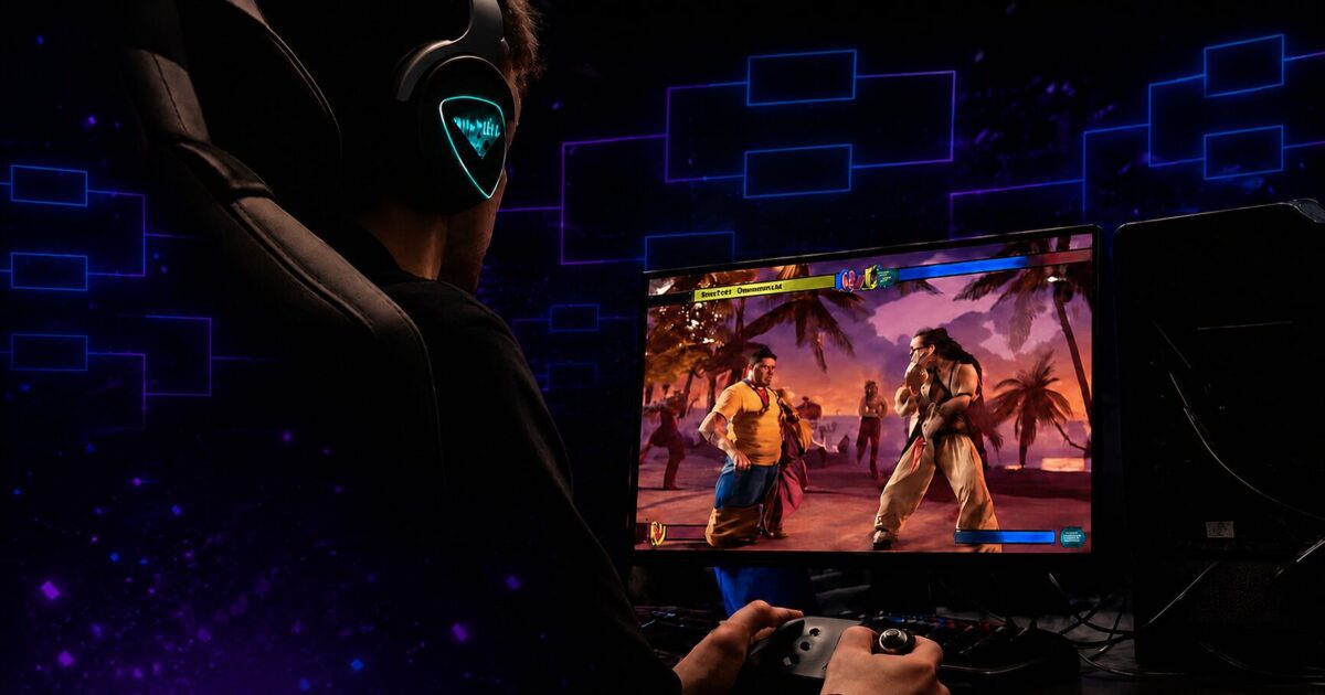 スト6風のモニターを見ながらゲームするプレイヤーを背後から撮影した画像にトーナメント表をイメージさせる線が載っている画像