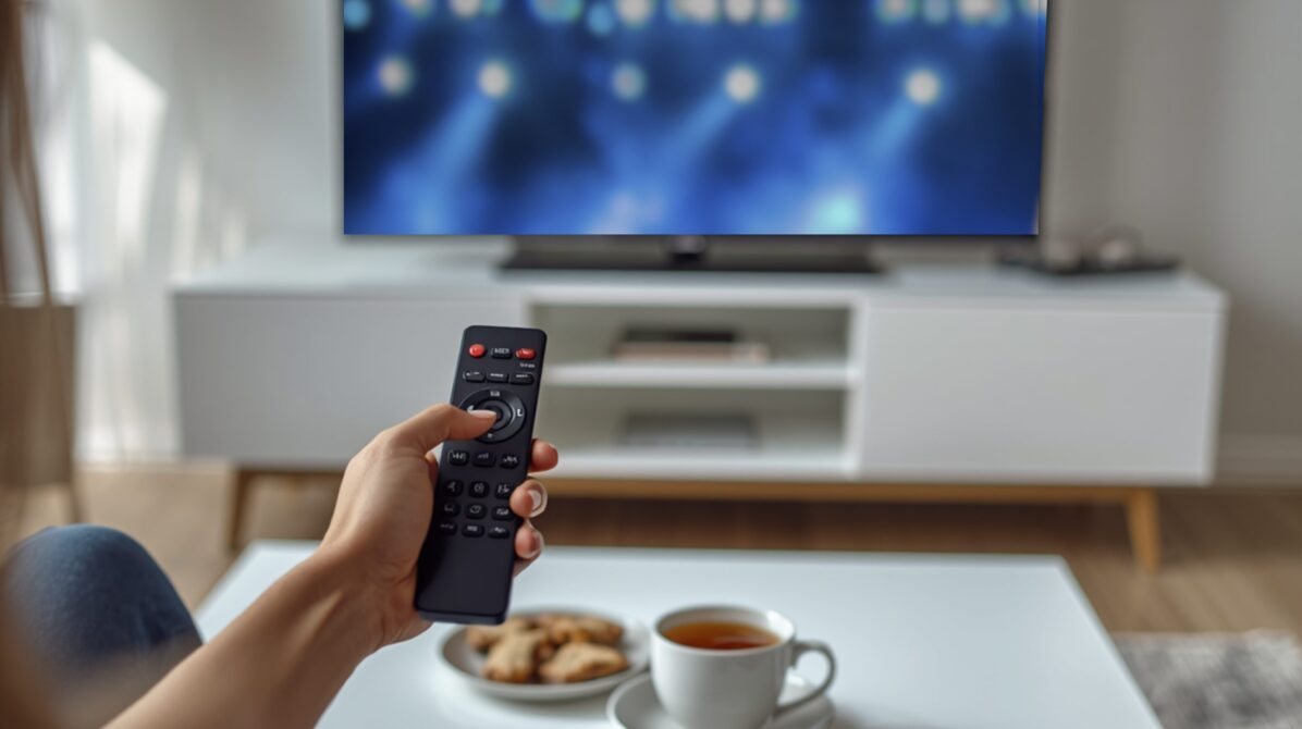 紅茶とクッキーが置かれたリビングで音楽ライブが映っているテレビに向けリモコンを持つ人の手元が映っている写真