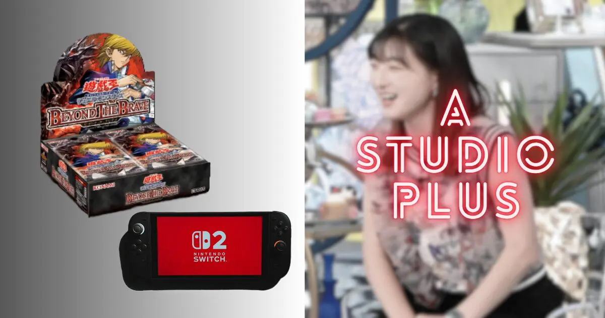左側に遊戯王カードと任天堂Switch2、右側に番組に笑顔で出演する坂本花織さんとA-Studio Plusのネオンサイン