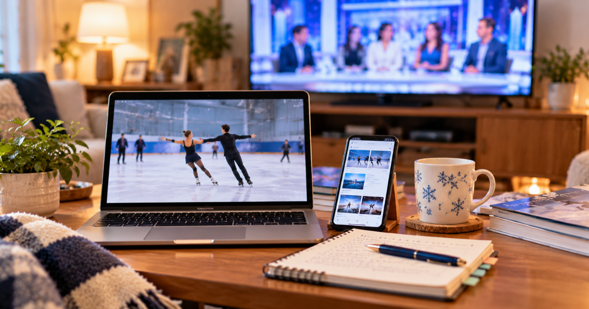 リビングテーブル奥のテレビにはバラエティ番組が映り、卓上にはフィギュアスケーターが映ったPCやスマホ、メモとペンなどが置かれている写真風画像（AI生成）