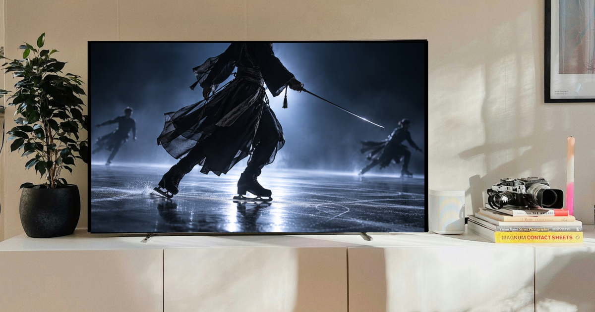 リビングのテレビ画面に刀剣乱舞アイスショーをイメージした映像が映っている写真